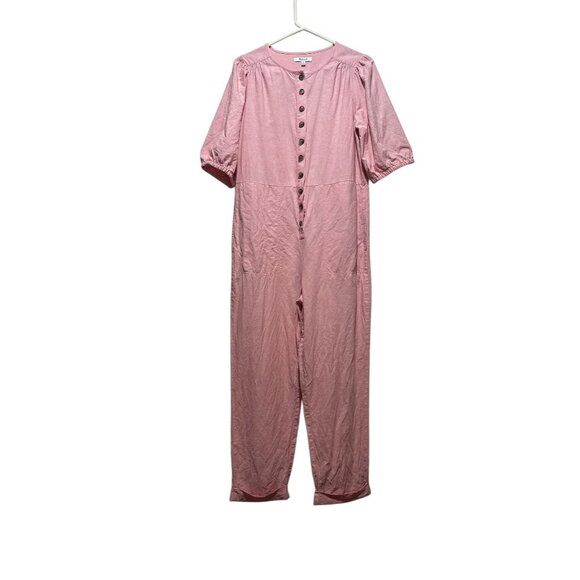 Madewell linen Puff Sleeves Jumpsuit Womens Medium Pink Straight Leg Button Down - Picture 3 of 16